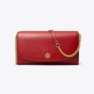 NWT TORY BURCH Robinson Chain Wallet Crossbody Brick Red Saffiano Leather $298